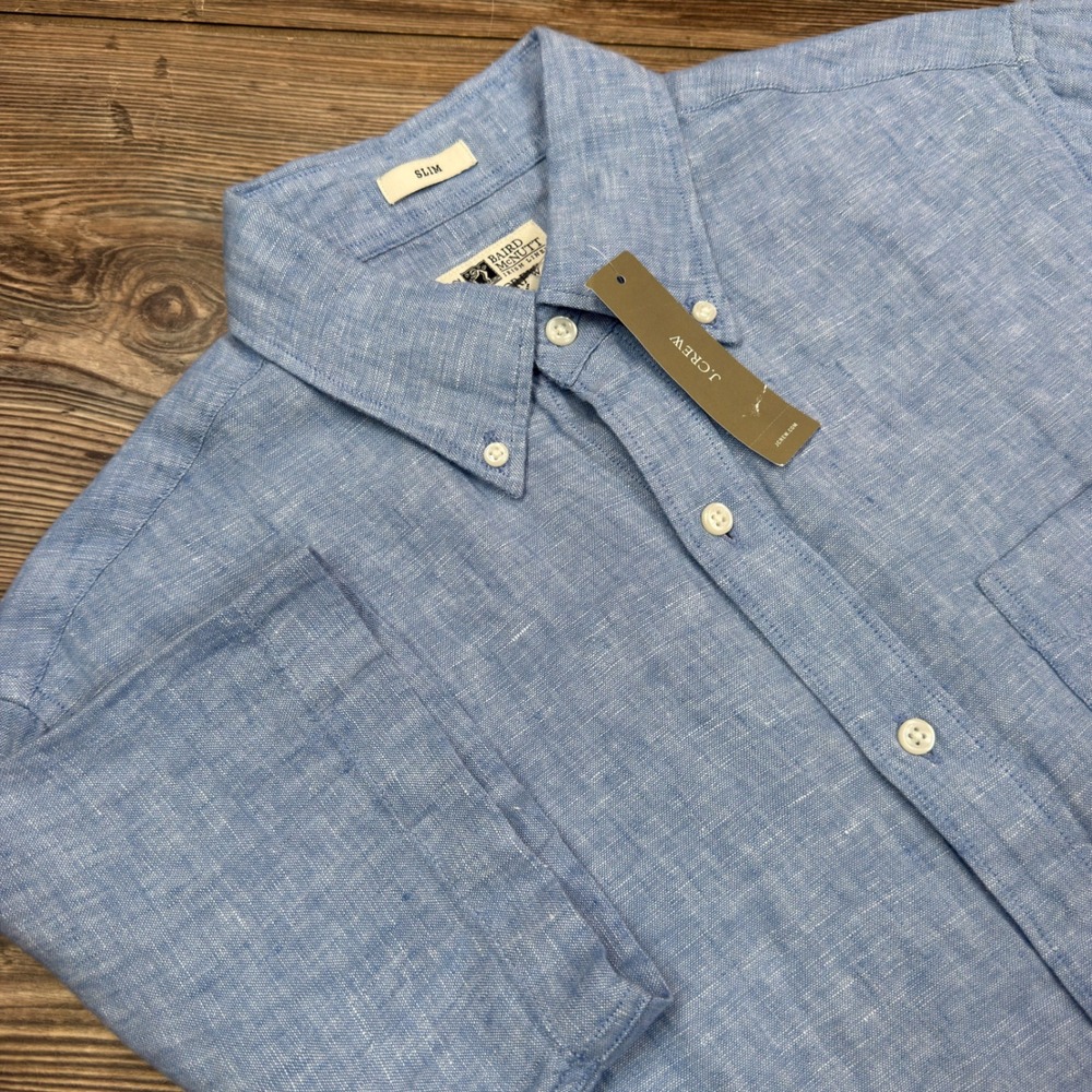J.Crew Men SMALL Short Sleeve Shirt Blue Baird McNutt Irish Linen Slim NWT BE557
